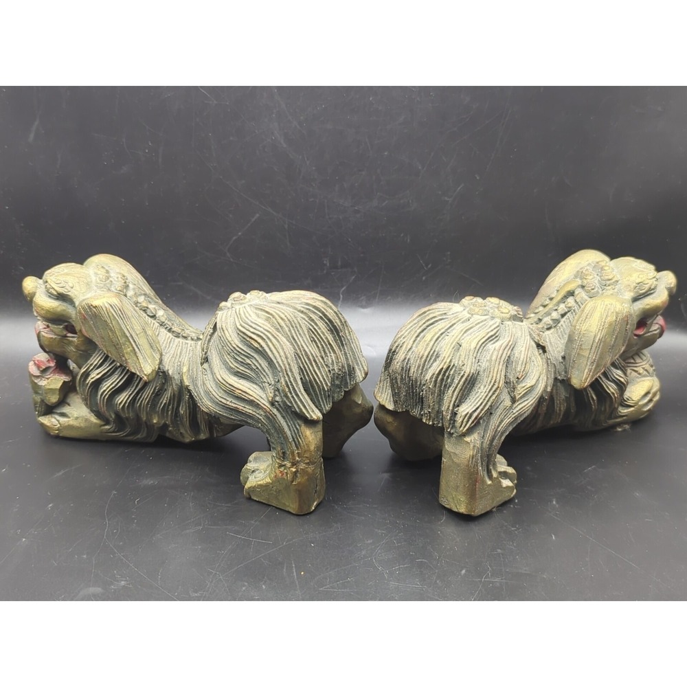Pair of Vintage Chinese Gold Gilt Wood Carved Foo Dogs - Picture 6 of 11